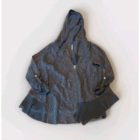 Free People Sweater Hoodie Womens Small Gray Oversized Doiley Eyelet Zip Up - Picture 1 of 7